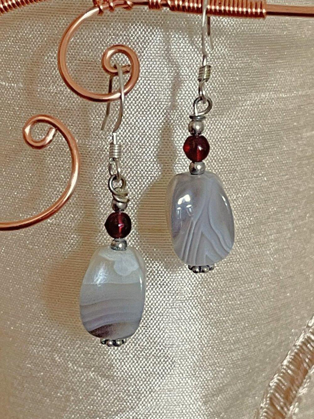 Striped Botswana Agate Curved Earrings and Garnet Bead Dangling Grey and White